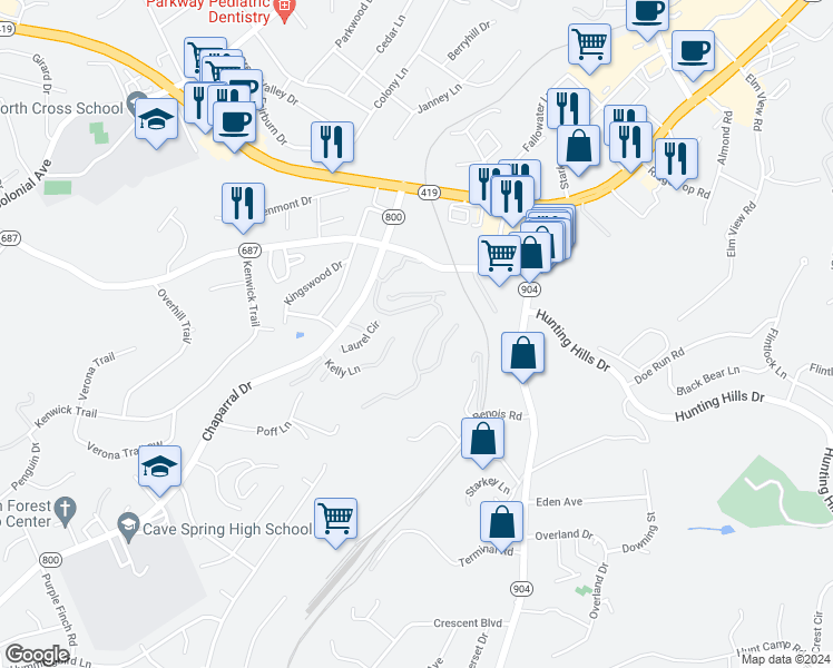map of restaurants, bars, coffee shops, grocery stores, and more near 3367 Londonderry Lane in Cave Spring