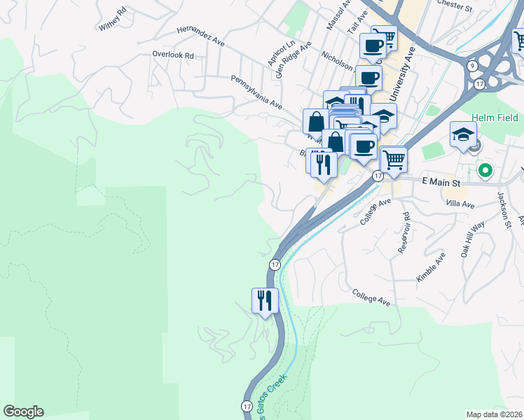 map of restaurants, bars, coffee shops, grocery stores, and more near 123 Wood Road in Los Gatos