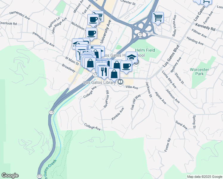 map of restaurants, bars, coffee shops, grocery stores, and more near 54 Cleland Avenue in Los Gatos