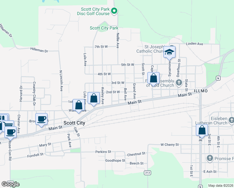 map of restaurants, bars, coffee shops, grocery stores, and more near 804 Main Street in Scott City