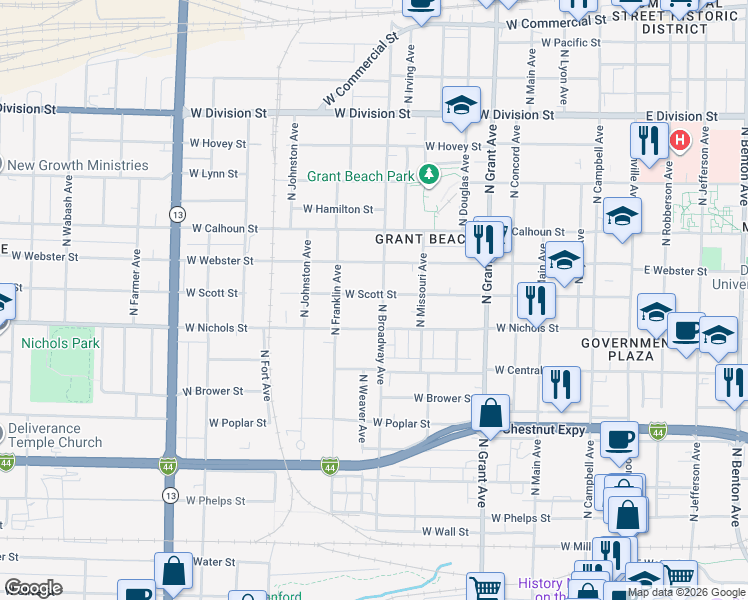 map of restaurants, bars, coffee shops, grocery stores, and more near 1035 North Broadway Avenue in Springfield