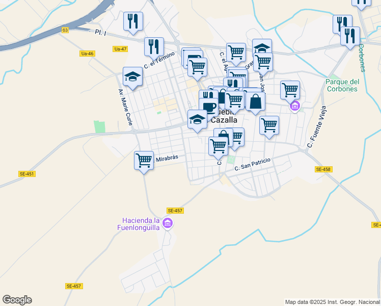 map of restaurants, bars, coffee shops, grocery stores, and more near Calle Doctor Marroyo in La Puebla de Cazalla