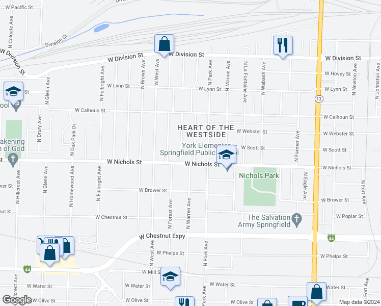 map of restaurants, bars, coffee shops, grocery stores, and more near 1023 North Warren Avenue in Springfield