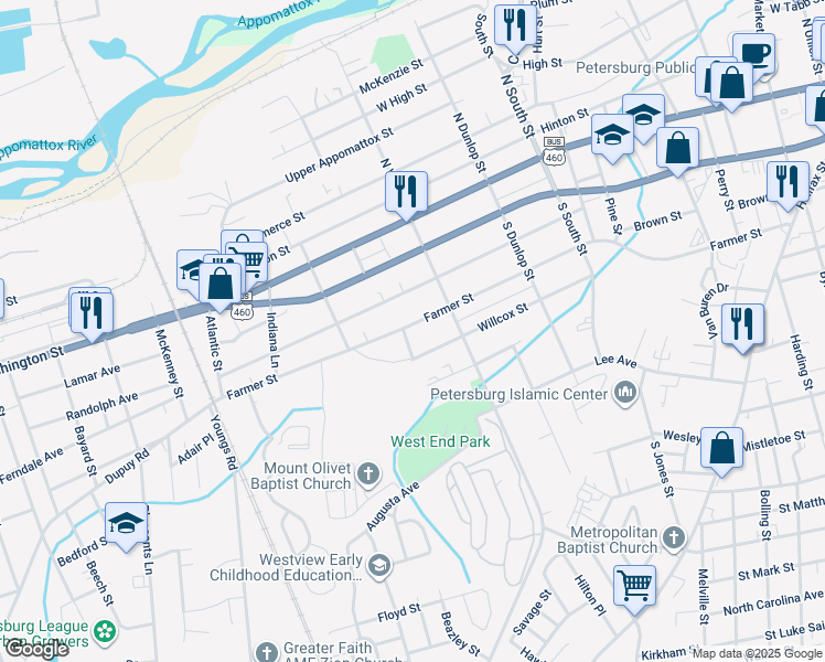 map of restaurants, bars, coffee shops, grocery stores, and more near 1148 Farmer Street in Petersburg