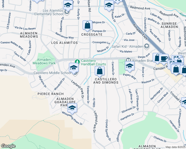 map of restaurants, bars, coffee shops, grocery stores, and more near 1288 Rio Hondo Drive in San Jose