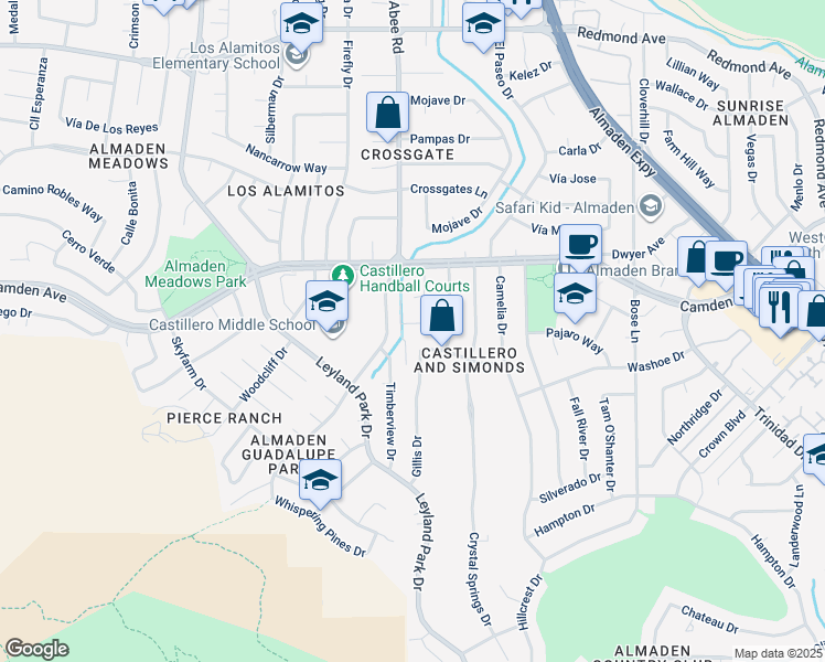 map of restaurants, bars, coffee shops, grocery stores, and more near 1288 Rio Hondo Drive in San Jose