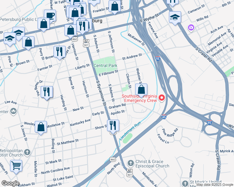 map of restaurants, bars, coffee shops, grocery stores, and more near 118 Spruce Street in Petersburg