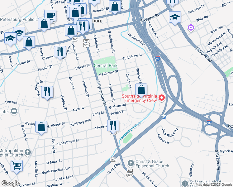 map of restaurants, bars, coffee shops, grocery stores, and more near 116 Spruce Street in Petersburg