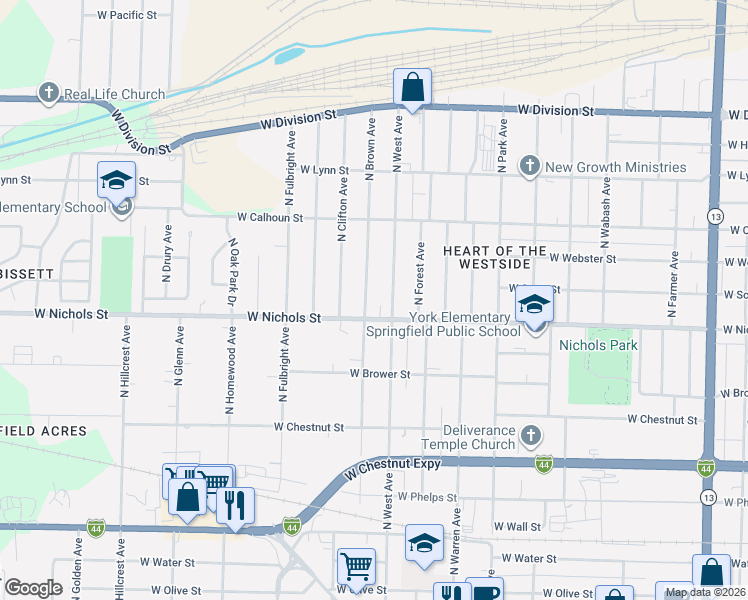 map of restaurants, bars, coffee shops, grocery stores, and more near 1018 North Brown Avenue in Springfield