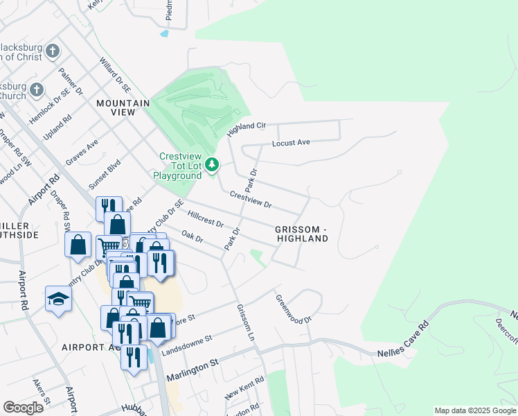 map of restaurants, bars, coffee shops, grocery stores, and more near 1403 Palmer Drive in Blacksburg