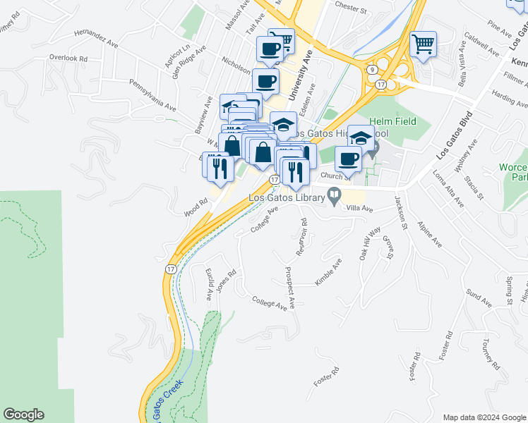 map of restaurants, bars, coffee shops, grocery stores, and more near 18 Dittos Lane in Los Gatos