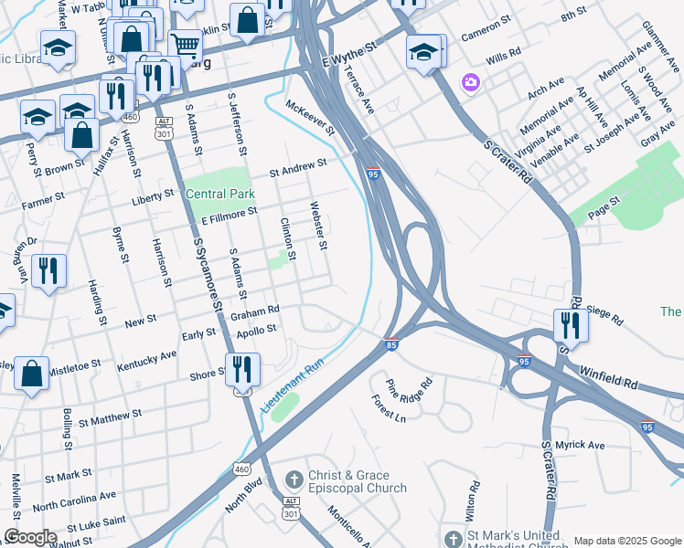 map of restaurants, bars, coffee shops, grocery stores, and more near 567 Webster Street in Petersburg