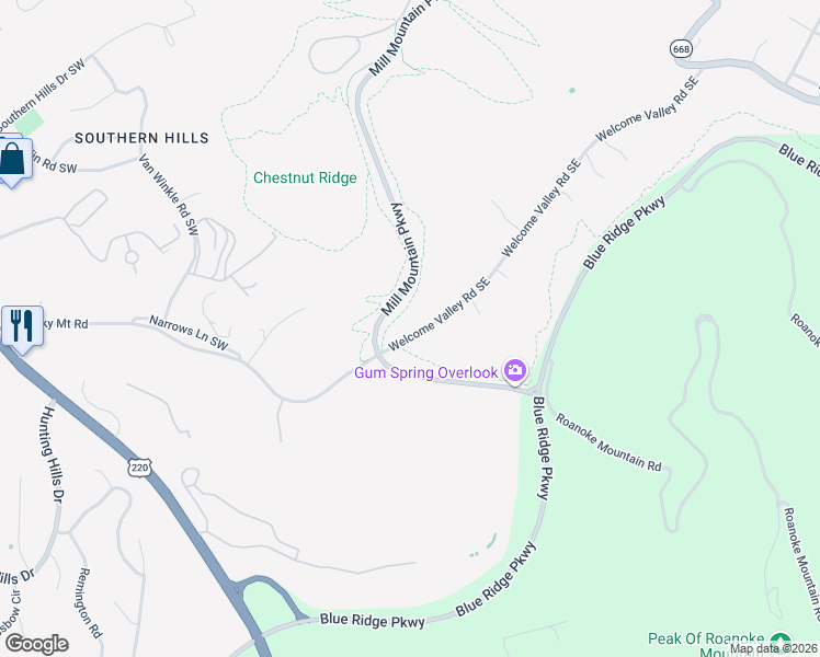 map of restaurants, bars, coffee shops, grocery stores, and more near 4150 Welcome Valley Road Southeast in Roanoke