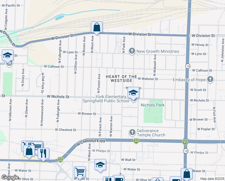 map of restaurants, bars, coffee shops, grocery stores, and more near 2305 West Nichols Street in Springfield