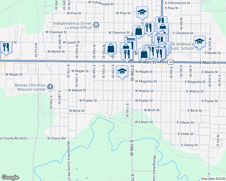 map of restaurants, bars, coffee shops, grocery stores, and more near 398 S 12th St in Independence