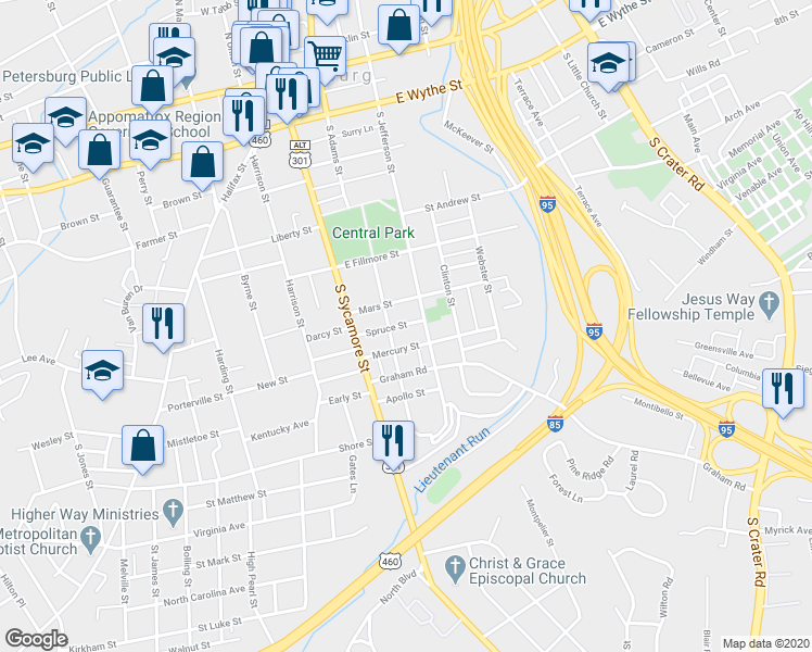 map of restaurants, bars, coffee shops, grocery stores, and more near 116 Spruce Street in Petersburg