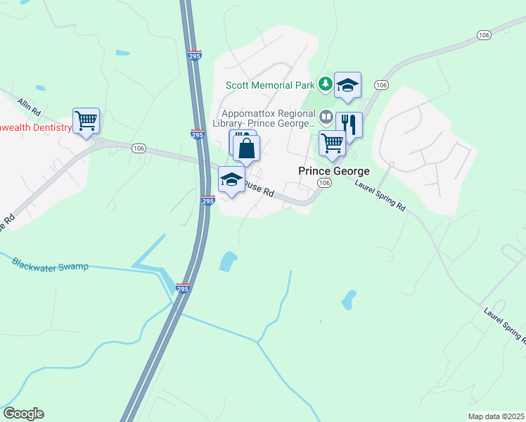 map of restaurants, bars, coffee shops, grocery stores, and more near 6327 Courthouse Road in Prince George