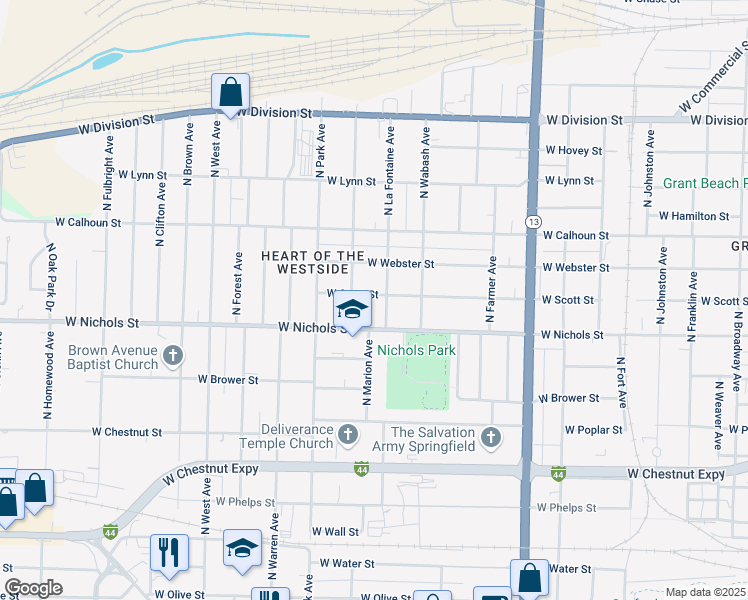 map of restaurants, bars, coffee shops, grocery stores, and more near 2010 West Scott Street in Springfield