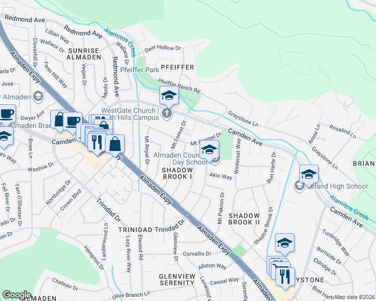map of restaurants, bars, coffee shops, grocery stores, and more near 6620 Mount Hope Drive in San Jose