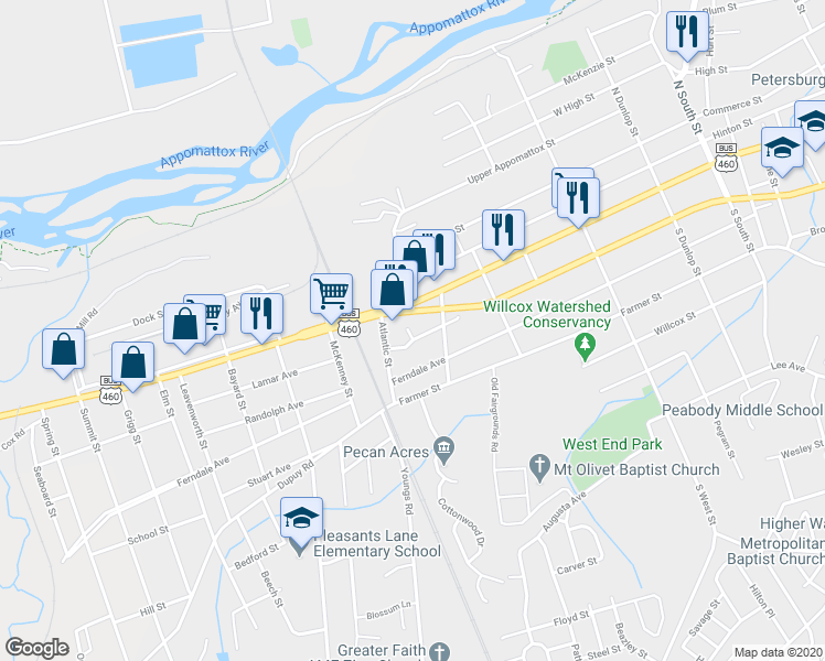 map of restaurants, bars, coffee shops, grocery stores, and more near 1432 Oakdale Avenue in Petersburg