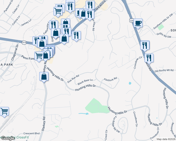 map of restaurants, bars, coffee shops, grocery stores, and more near 5354 Doe Run Road in Cave Spring