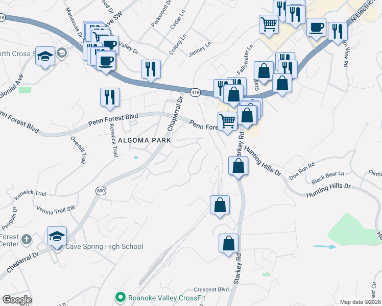 map of restaurants, bars, coffee shops, grocery stores, and more near 3367 Londonderry Lane in Cave Spring