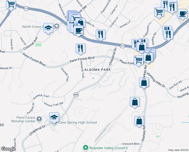 map of restaurants, bars, coffee shops, grocery stores, and more near 3360 Kenwick Trail in Cave Spring