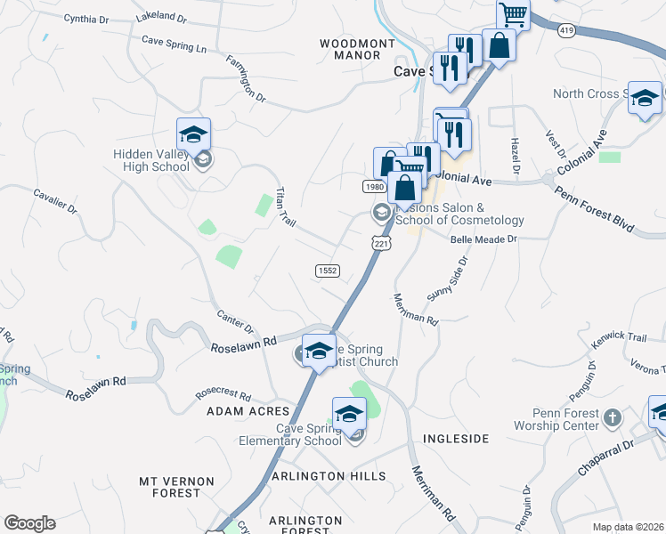 map of restaurants, bars, coffee shops, grocery stores, and more near 5049 Pleasant Hill Drive in Cave Spring