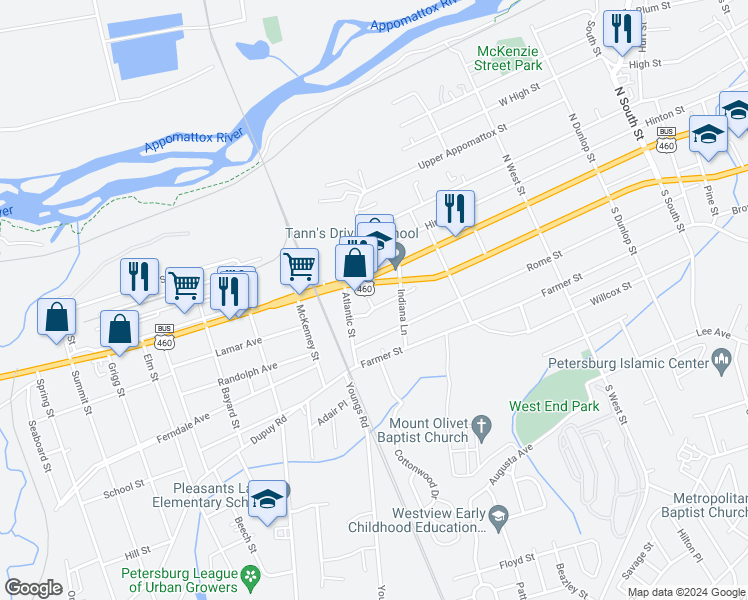 map of restaurants, bars, coffee shops, grocery stores, and more near 1431 Oakdale Avenue in Petersburg