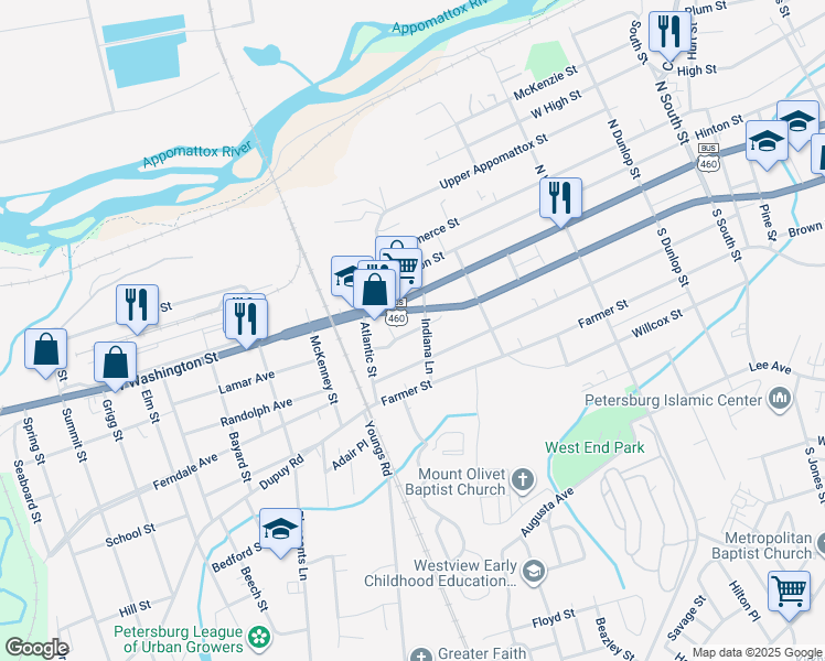 map of restaurants, bars, coffee shops, grocery stores, and more near 1421 Oakdale Avenue in Petersburg