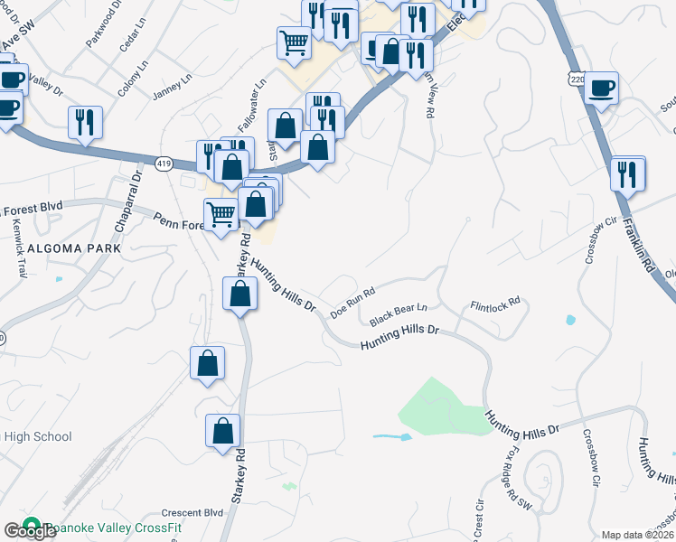 map of restaurants, bars, coffee shops, grocery stores, and more near 5607 Village Way in Roanoke