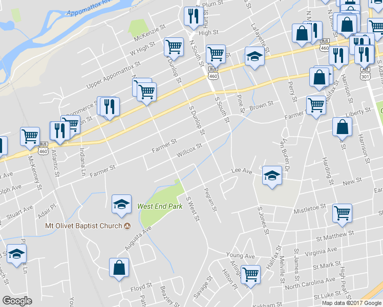 map of restaurants, bars, coffee shops, grocery stores, and more near 936 Wilcox Street in Petersburg
