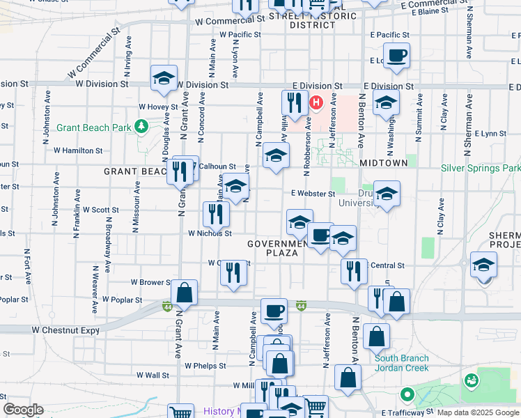map of restaurants, bars, coffee shops, grocery stores, and more near 1025 North Campbell Avenue in Springfield