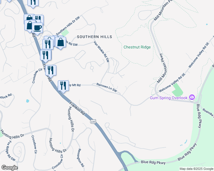 map of restaurants, bars, coffee shops, grocery stores, and more near 4520 Narrows Lane Southwest in Roanoke