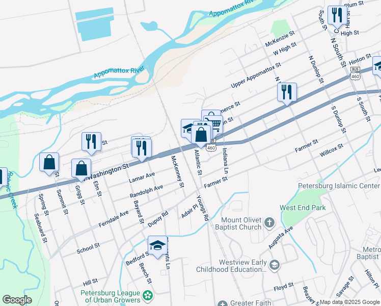 map of restaurants, bars, coffee shops, grocery stores, and more near 1510 West Washington Street in Petersburg