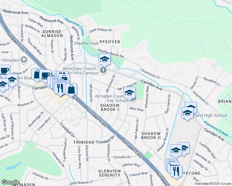 map of restaurants, bars, coffee shops, grocery stores, and more near 6608 Mount Hope Drive in San Jose