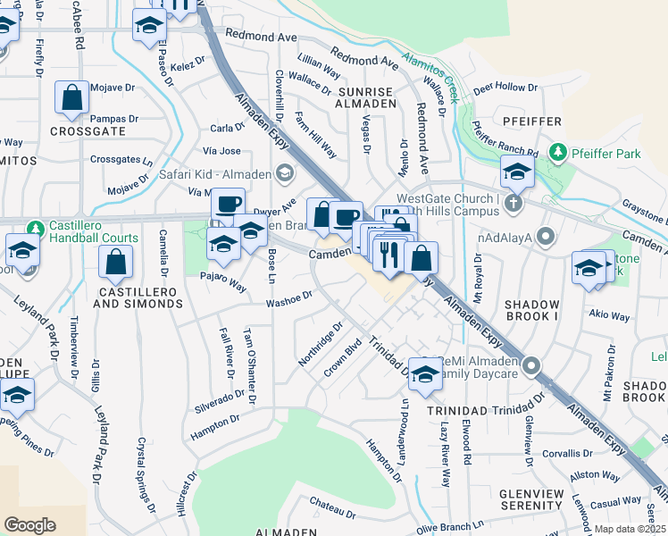 map of restaurants, bars, coffee shops, grocery stores, and more near 6475 Camden Avenue in San Jose
