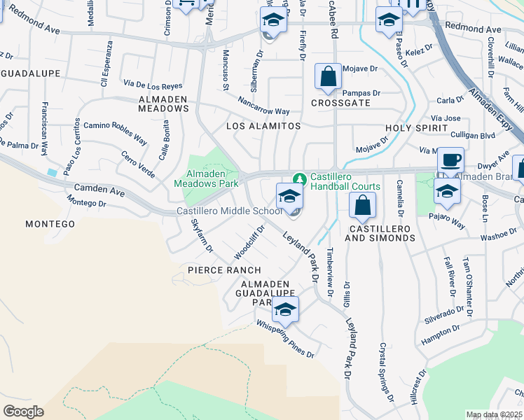 map of restaurants, bars, coffee shops, grocery stores, and more near 6536 Leyland Park Drive in San Jose