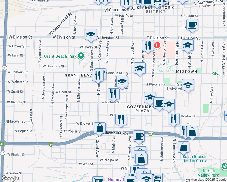 map of restaurants, bars, coffee shops, grocery stores, and more near 620 West Scott Street in Springfield