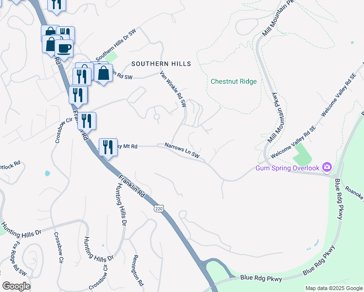 map of restaurants, bars, coffee shops, grocery stores, and more near 4520 Narrows Lane Southwest in Roanoke