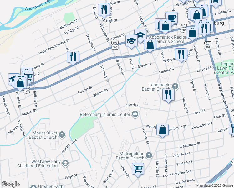 map of restaurants, bars, coffee shops, grocery stores, and more near 517 South Dunlop Street in Petersburg