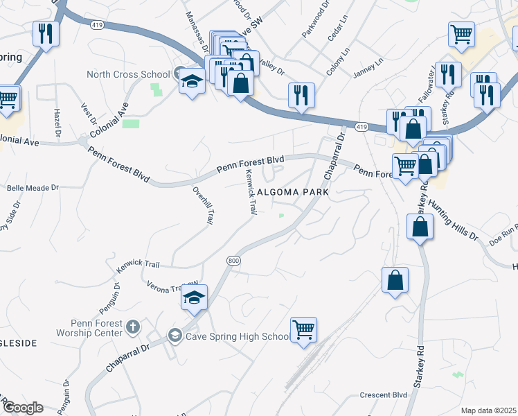 map of restaurants, bars, coffee shops, grocery stores, and more near 3370 Kenwick Trail in Roanoke