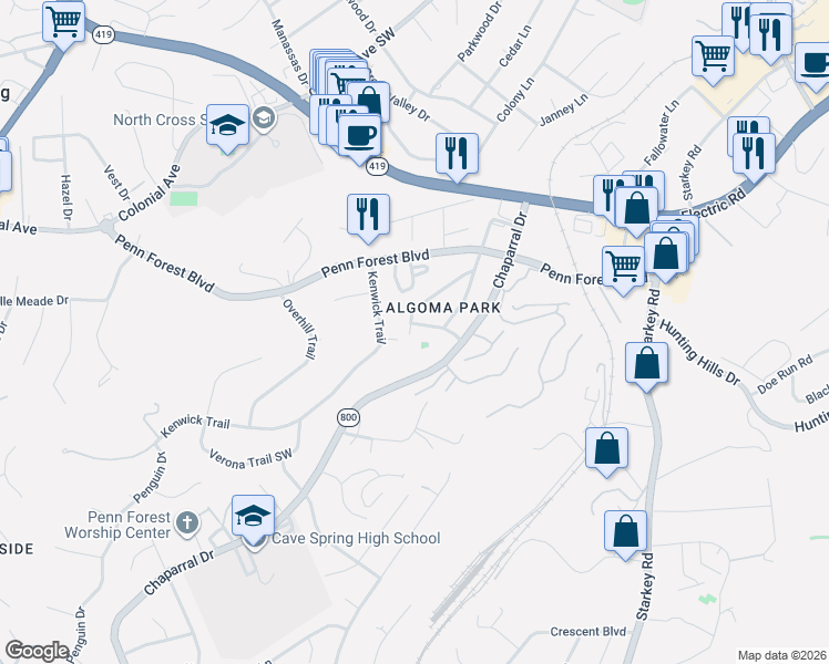 map of restaurants, bars, coffee shops, grocery stores, and more near 3360 Kenwick Trail in Cave Spring