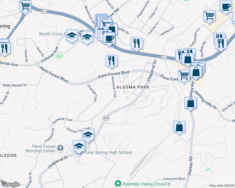 map of restaurants, bars, coffee shops, grocery stores, and more near 3370 Kenwick Trail in Roanoke