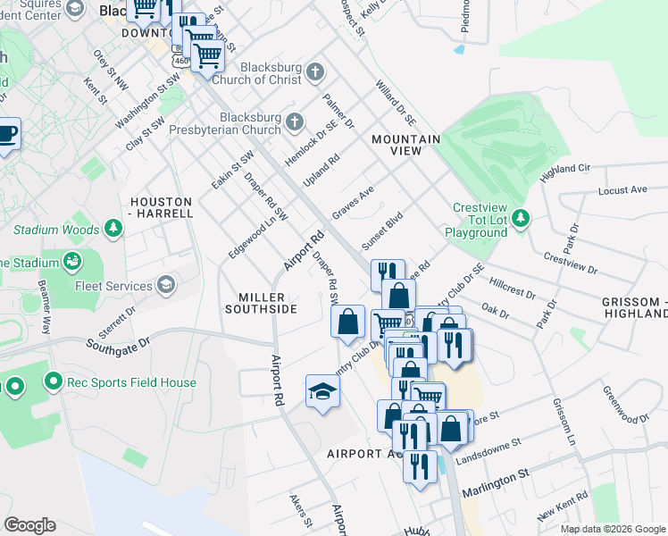 map of restaurants, bars, coffee shops, grocery stores, and more near 1016 Draper Road Southwest in Blacksburg