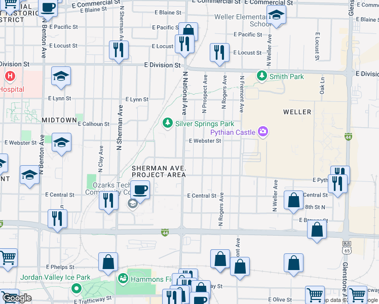 map of restaurants, bars, coffee shops, grocery stores, and more near 1226 East Scott Street in Springfield