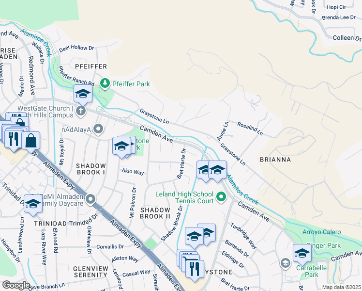 map of restaurants, bars, coffee shops, grocery stores, and more near 6605 Bret Harte Drive in San Jose
