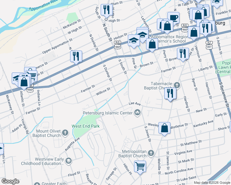 map of restaurants, bars, coffee shops, grocery stores, and more near 517 South Dunlop Street in Petersburg