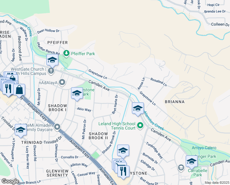 map of restaurants, bars, coffee shops, grocery stores, and more near 6605 Bret Harte Drive in San Jose