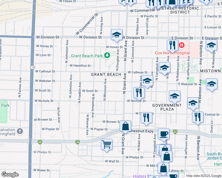 map of restaurants, bars, coffee shops, grocery stores, and more near 815 West Scott Street in Springfield
